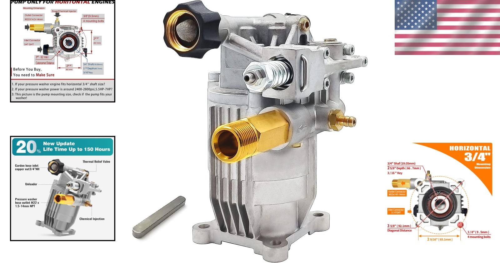 Pressure Washer Pump 2800 PSI 3/4 Inch Shaft Aluminum Replacement Fits Simpson