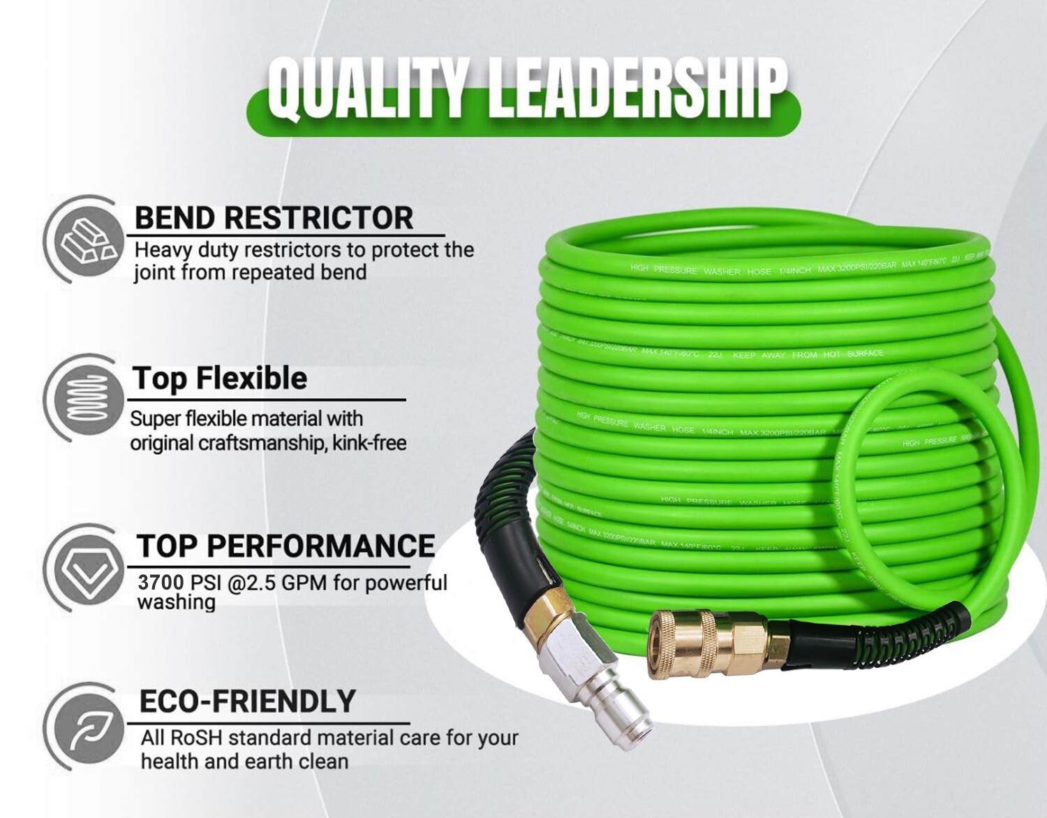 Super Flexible High Pressure Washer Hose 1/4″, 3/8 Inch Swivle Quick Connect 50′