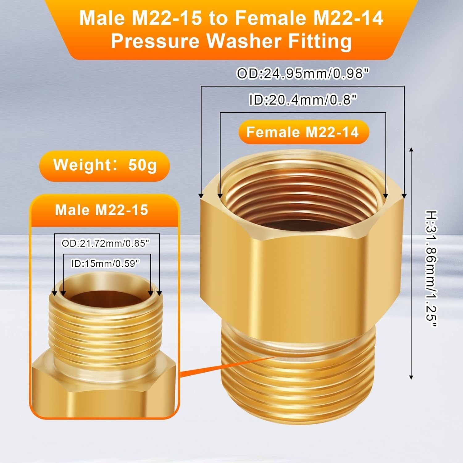 M22 High-Pressure Brass Washer Adapter – 4800 PSI M22-14 to M22-15 Conversion