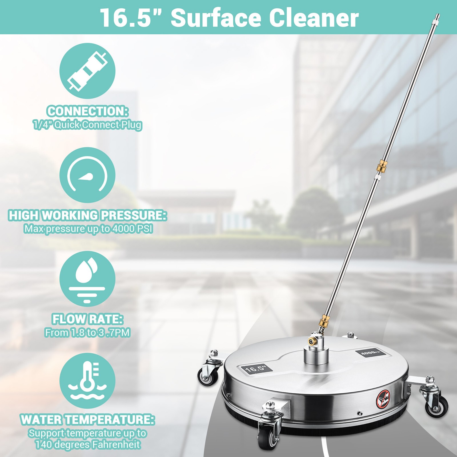 Yescom Stainless Steel Surface Cleaner Attachment Pressure Washer 4 Wheels