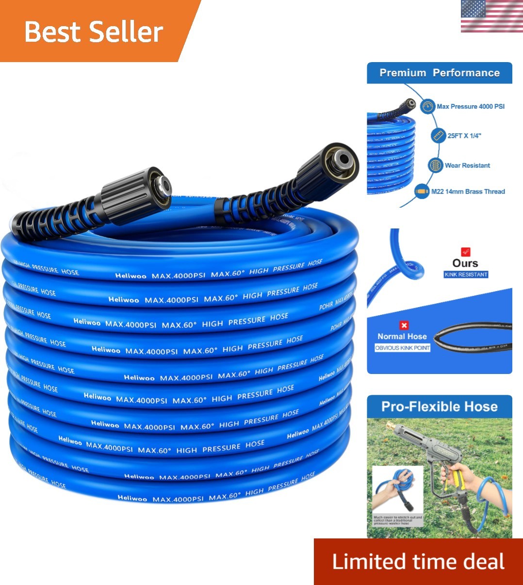 25FT Kink Resistant Pressure Washer Hose – Max 4000 PSI, Universal M22 Fittings