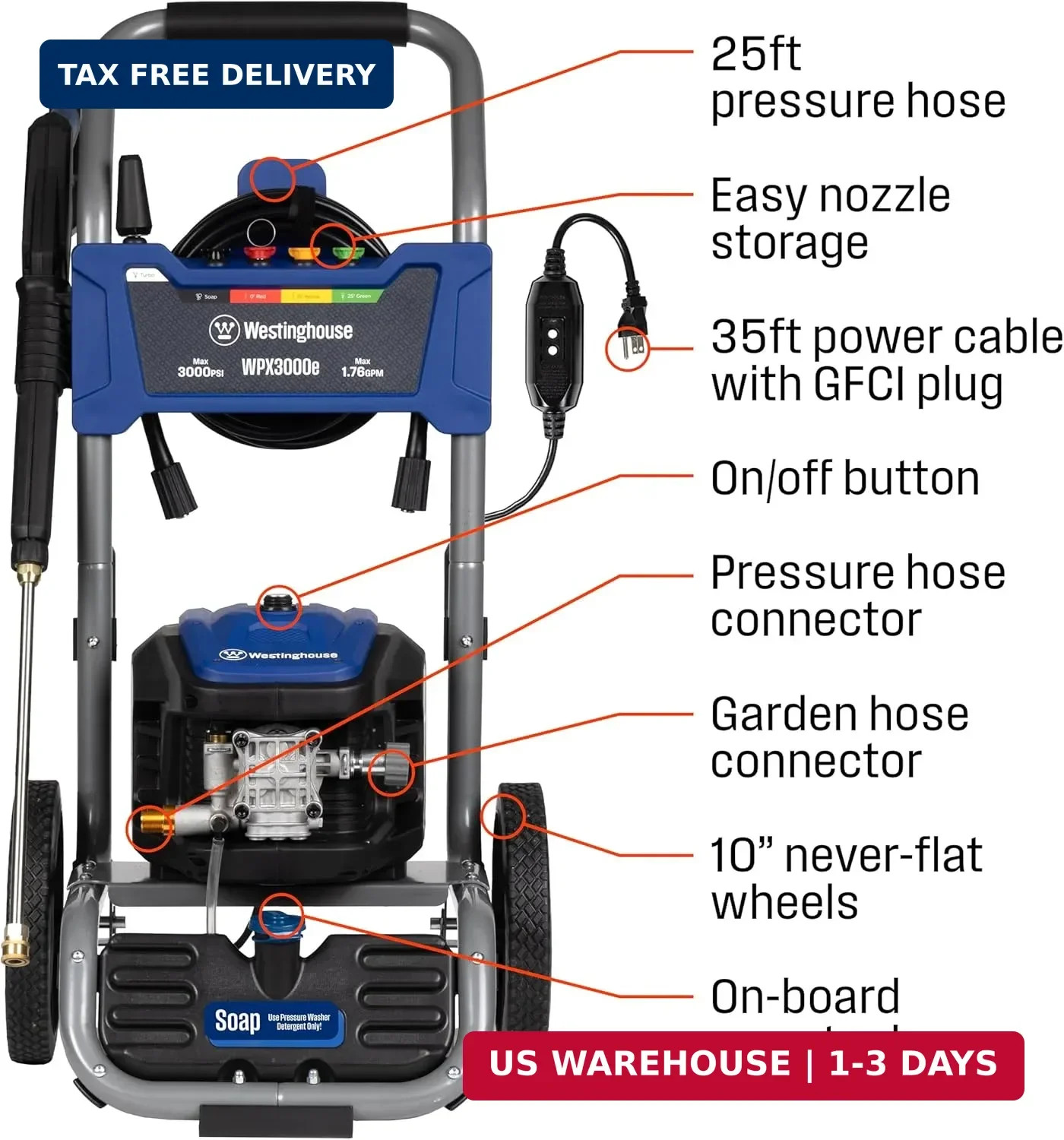 Westinghouse WPX3000e Electric Pressure Washer, 3000 Max PSI and 1.76 Max GPM, I