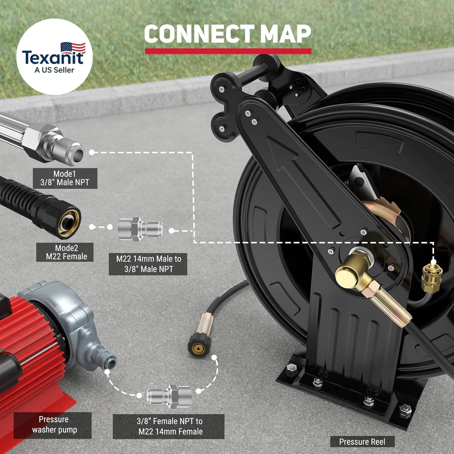 Pressure Washer Hose Reel, 3/8 in X 50 Ft Retractable Pressure Washer Reel, 4000