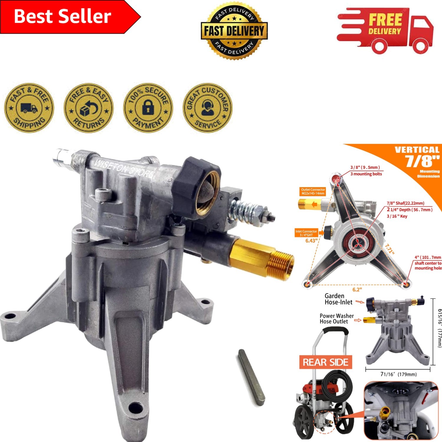 Lightweight 7/8” Shaft Pressure Washer Pump – Pre-Filled for Lifetime Use
