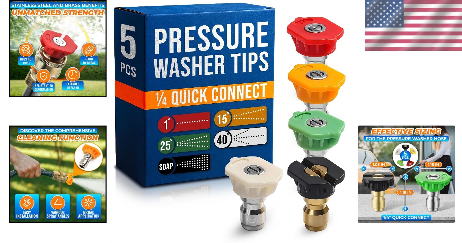 5-Piece Pressure Washer Tips Set – Quick-Connect Foam Sprayer, Rust-Resistant