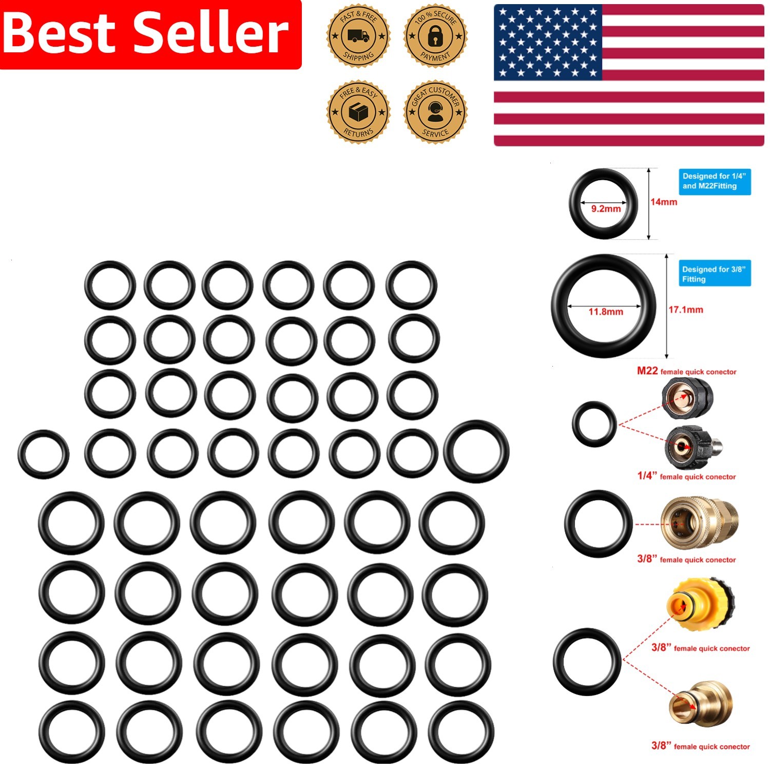 50pc Pressure Washer O-Rings Seal Repair Kit for M22 Connectors
