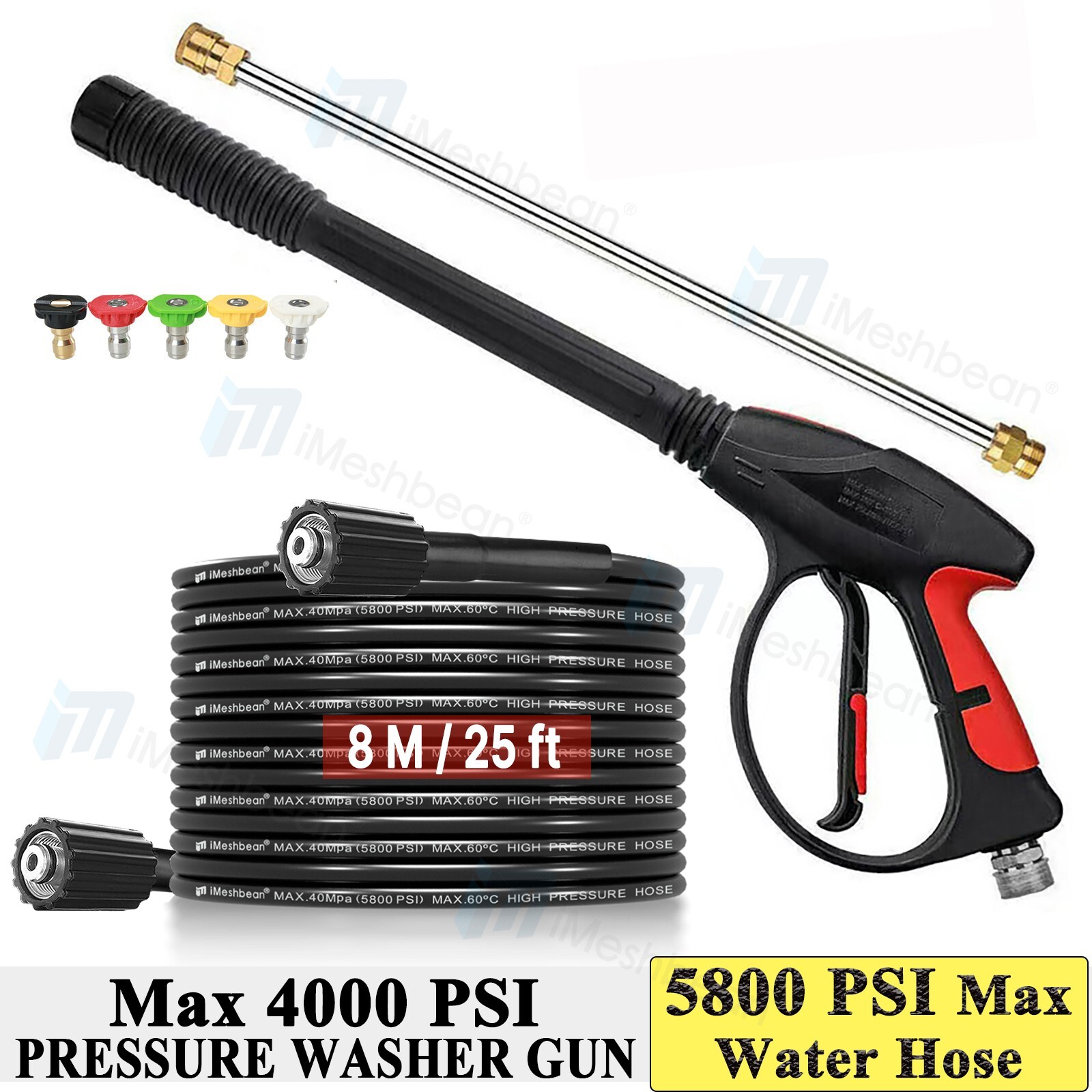 5800PSI High Pressure Power Washer Spray Gun Wand Lance Nozzle Tips Hose Kit M22