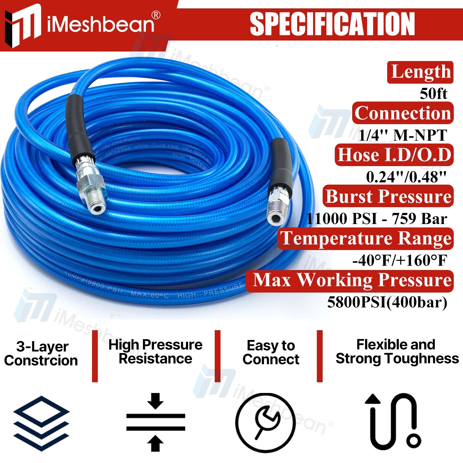5800PSI Sewer Jetter Kit for Pressure Washer 50FT 1/4″ M-NPT Drain Cleaner Hose