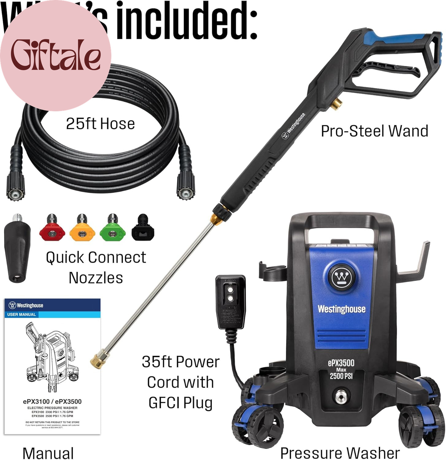 Epx3500 Electric Pressure Washer, 2500 Max PSI 1.76 Max GPM with Anti-Tipping Te