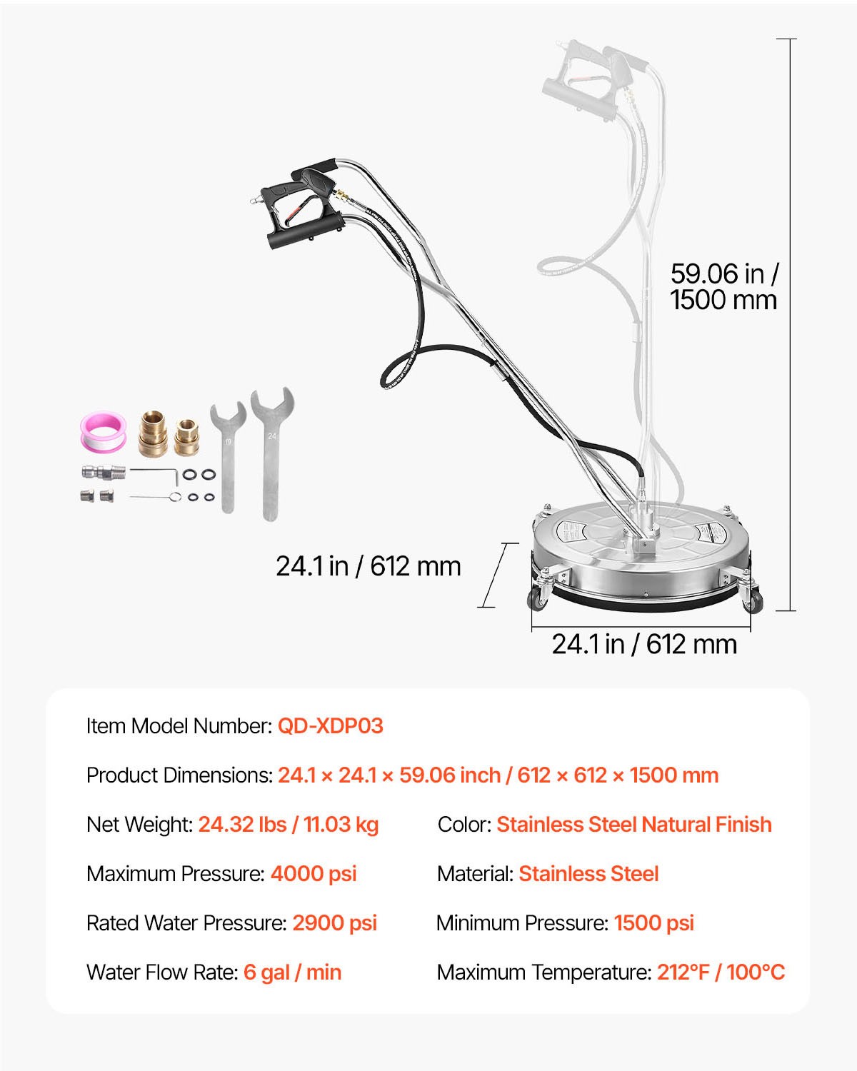 VEVOR 24″ Pressure Washer Surface Cleaner 4000PSI Stainless Steel w/ Dual Handle