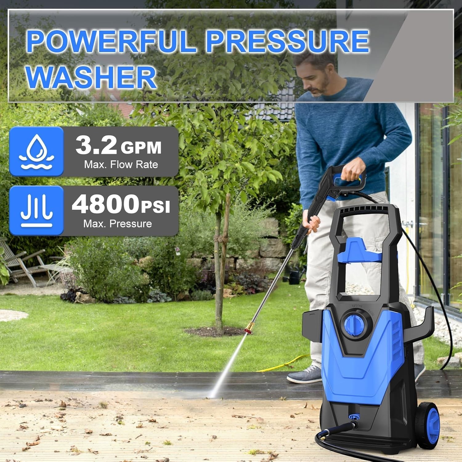 Hidrolavadora eléctrica de 4800 PSI y 3.2 GPM con 4 boquillas de conexión rápida