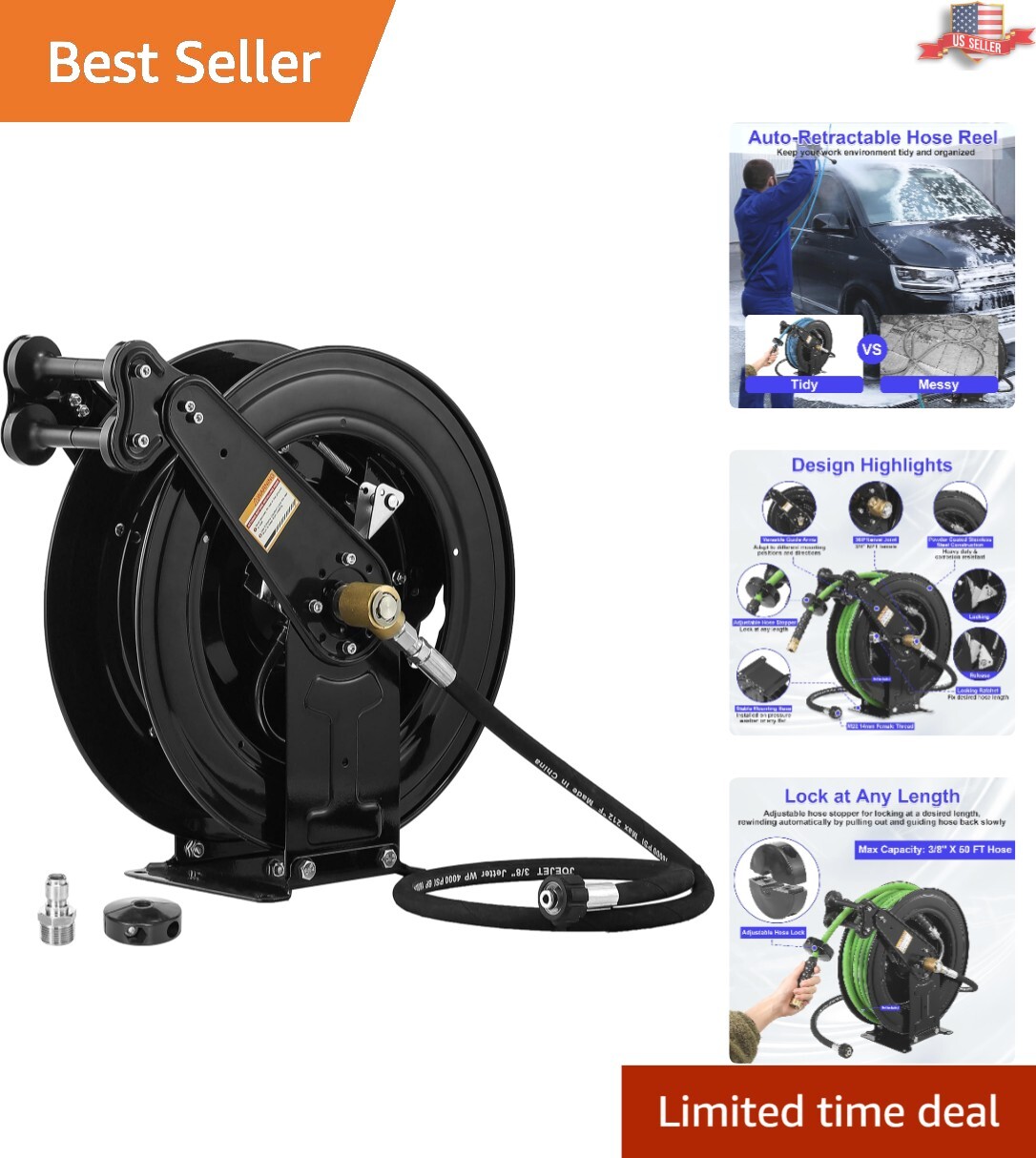Automatic 50FT Heavy-Duty Hose Reel with 360° Inlet Joint – Perfect for Outdoors