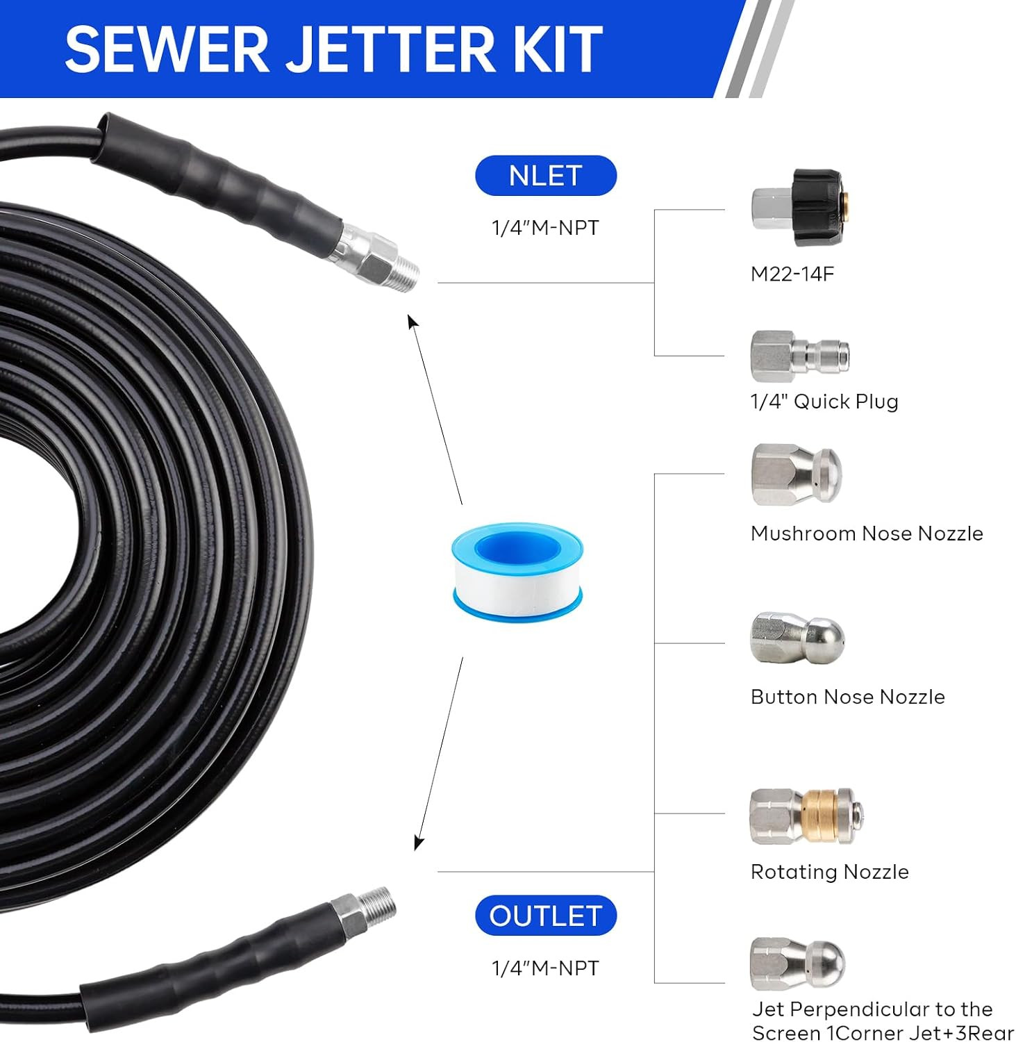 Sewer Jetter Kit 50FT for Pressure Washer, Pressure Washer Drain Jetter with 580