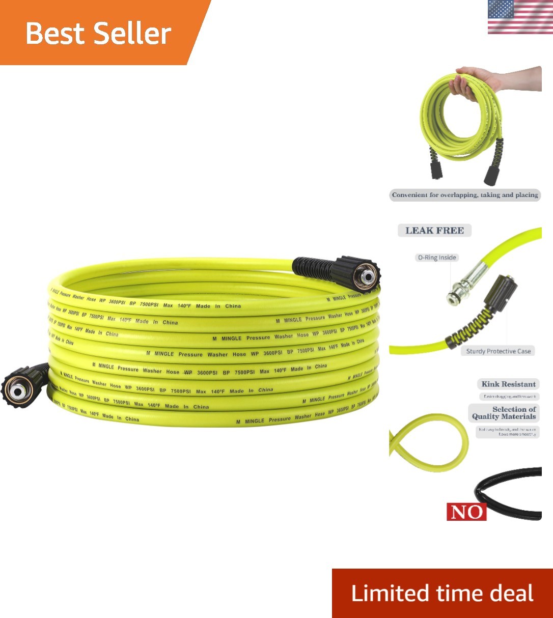 25 FT Flexible Pressure Washer Hose with M22 14mm Fittings – Durable & Reliable