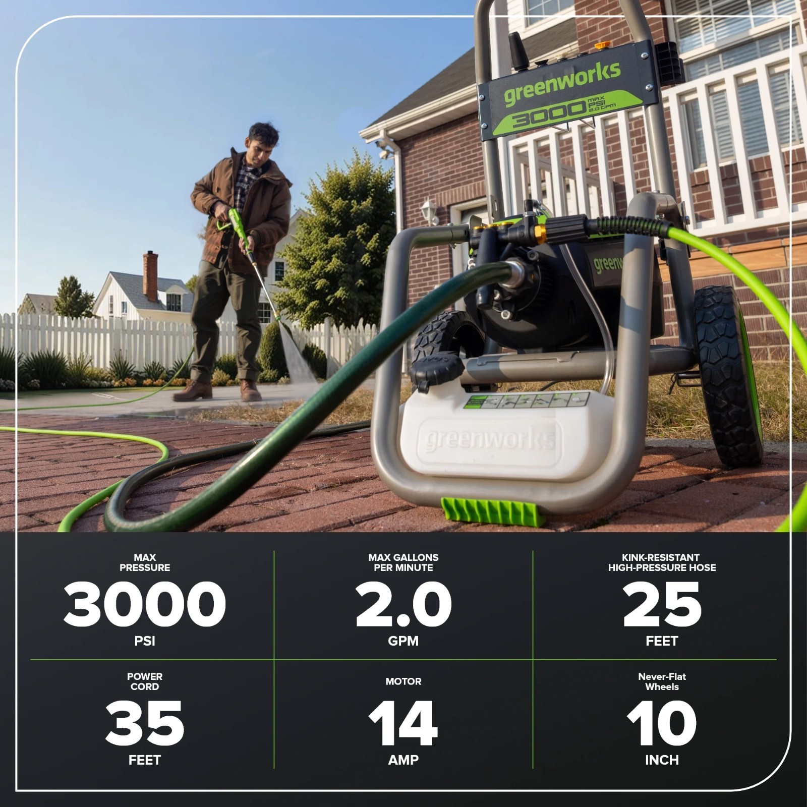 Greenworks 3000 PSI Electric Pressure Washer 25Ft Hose 35Ft Cord w/5 Nozzles