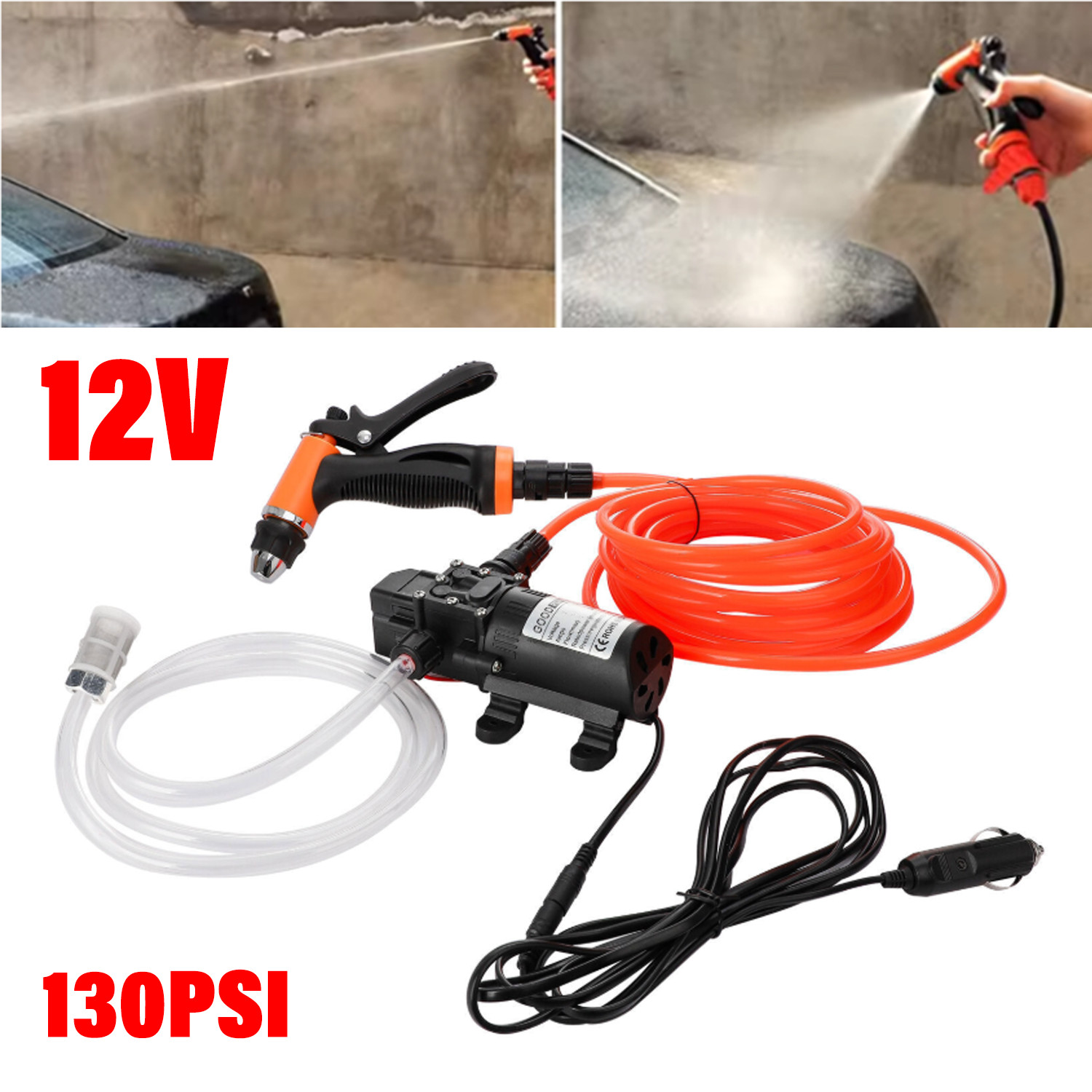 12V High Pressure Car Electric Washer Kit 130PSI Portable Self-Priming Wash Pump