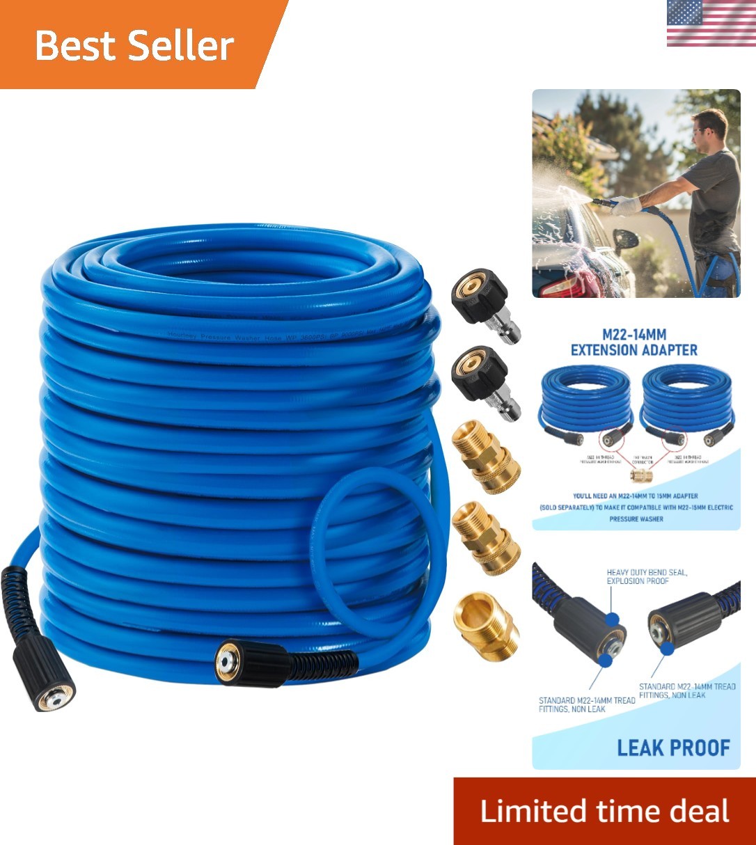 100 FT Professional Pressure Washer Hose – Kink Resistant, 5 Adapters Included