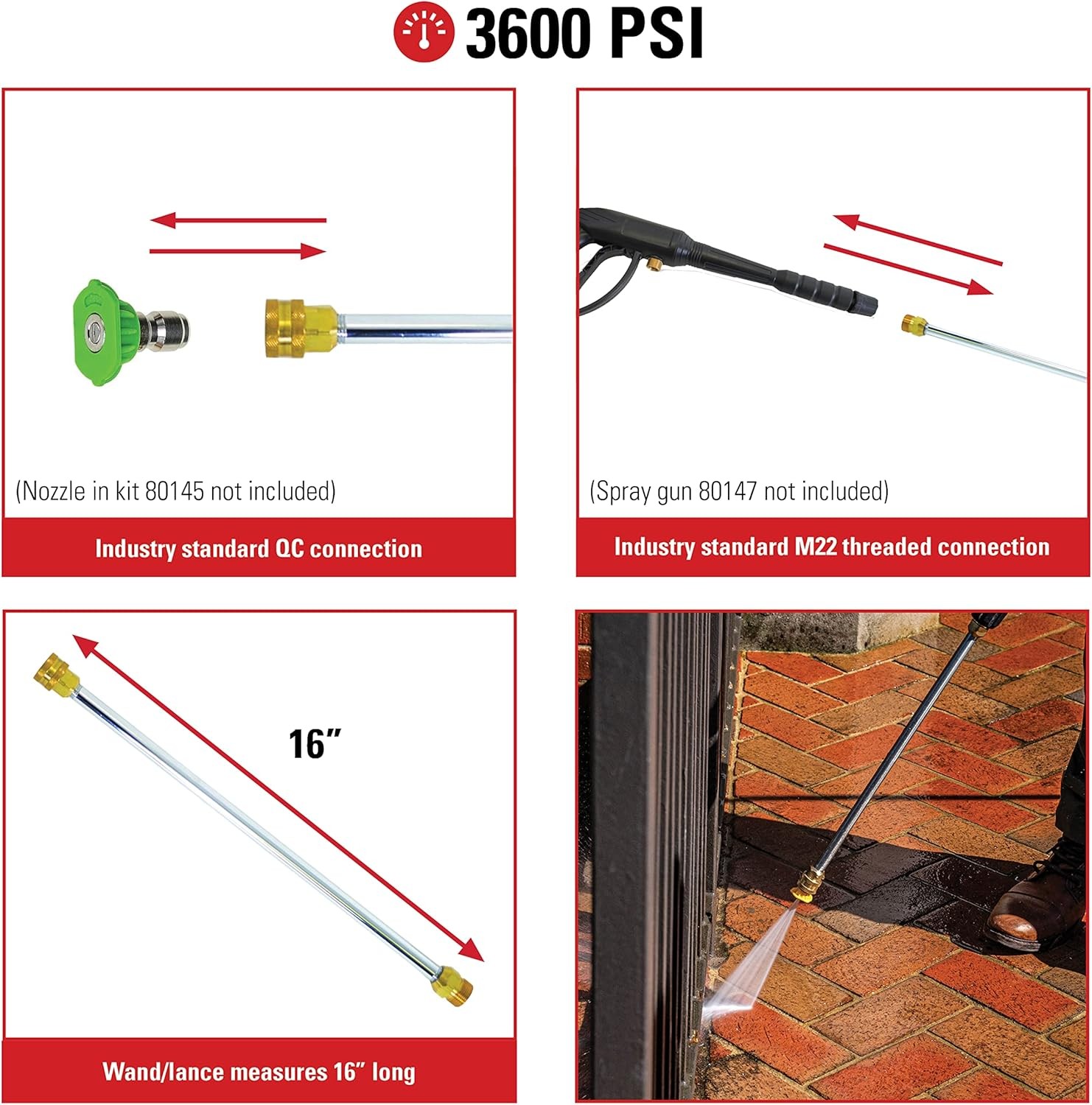 3600 PSI 16-Inch Pressure Washer Wand with 1/4 Inch QC & M22 Connection