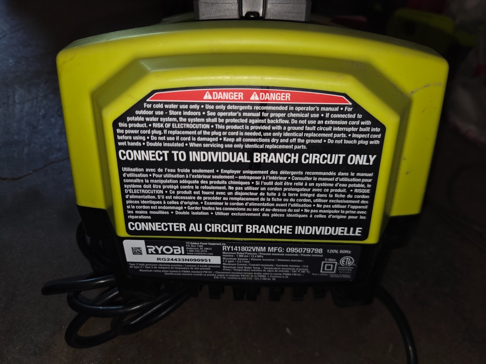 Ryobi 1800 Psi 1 2 Gpm Cold Water Corded Electric Pressure Washer pump only