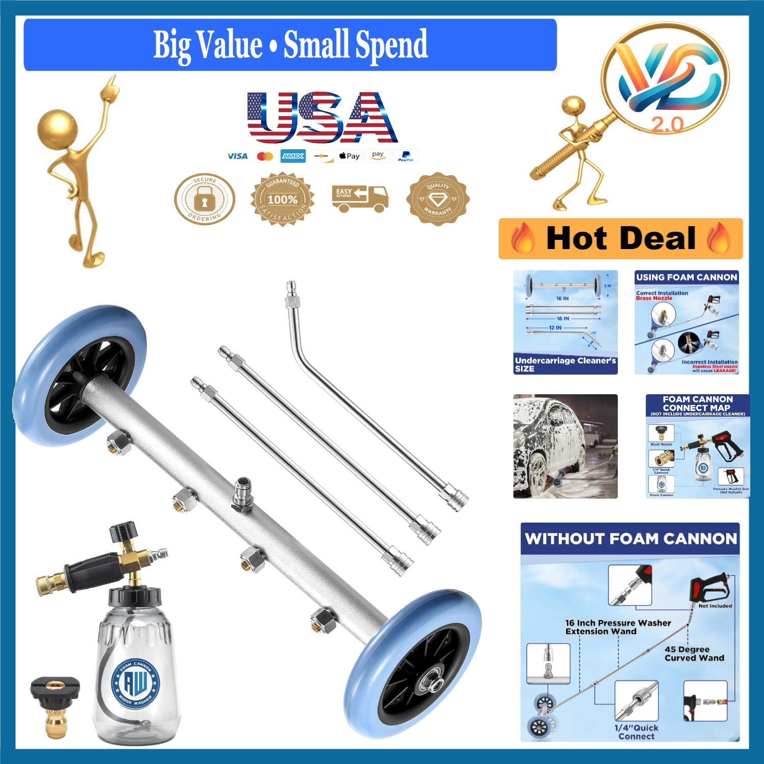 16 Inch Pressure Washer Undercarriage Cleaner with Foam Cannon 4000 PSI