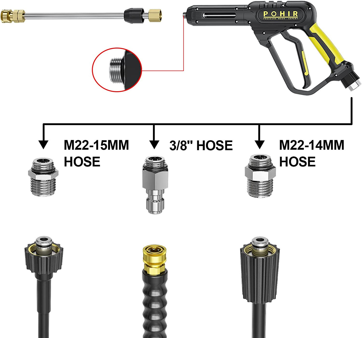 Pressure Washer Gun 3600 PSI with 3/8” Swivel Quick Connect Extension Wand, M22