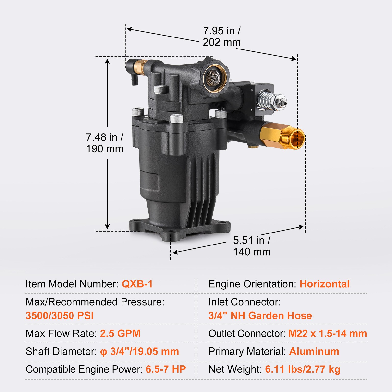 Uimoso Pressure Washer Pump 3/4″ Shaft Horizontal 3500 PSI 2.5GPM with 5 Nozzles