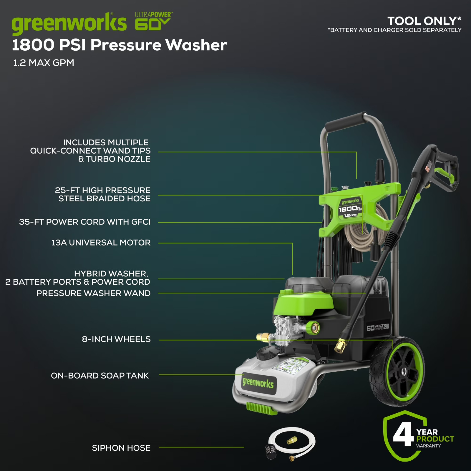 Hybrid 60V 1800 PSI at 1.2 GPM Electric Cold Water Pressure Washer 5109402T