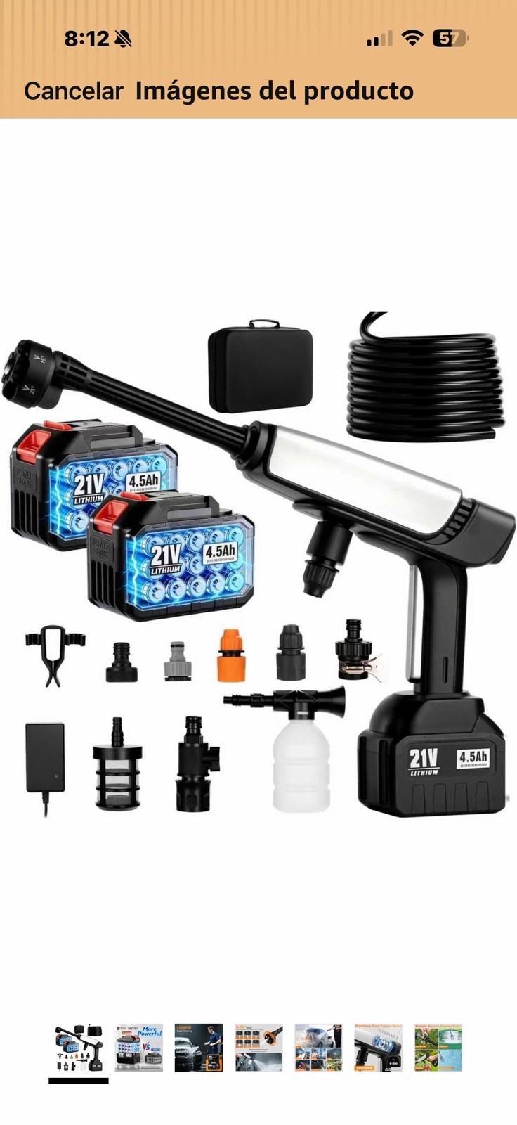 21V Cordless Pressure Washer 1250 PSI Brushless Motor 6-in-1 Nozzle Foam Cannon