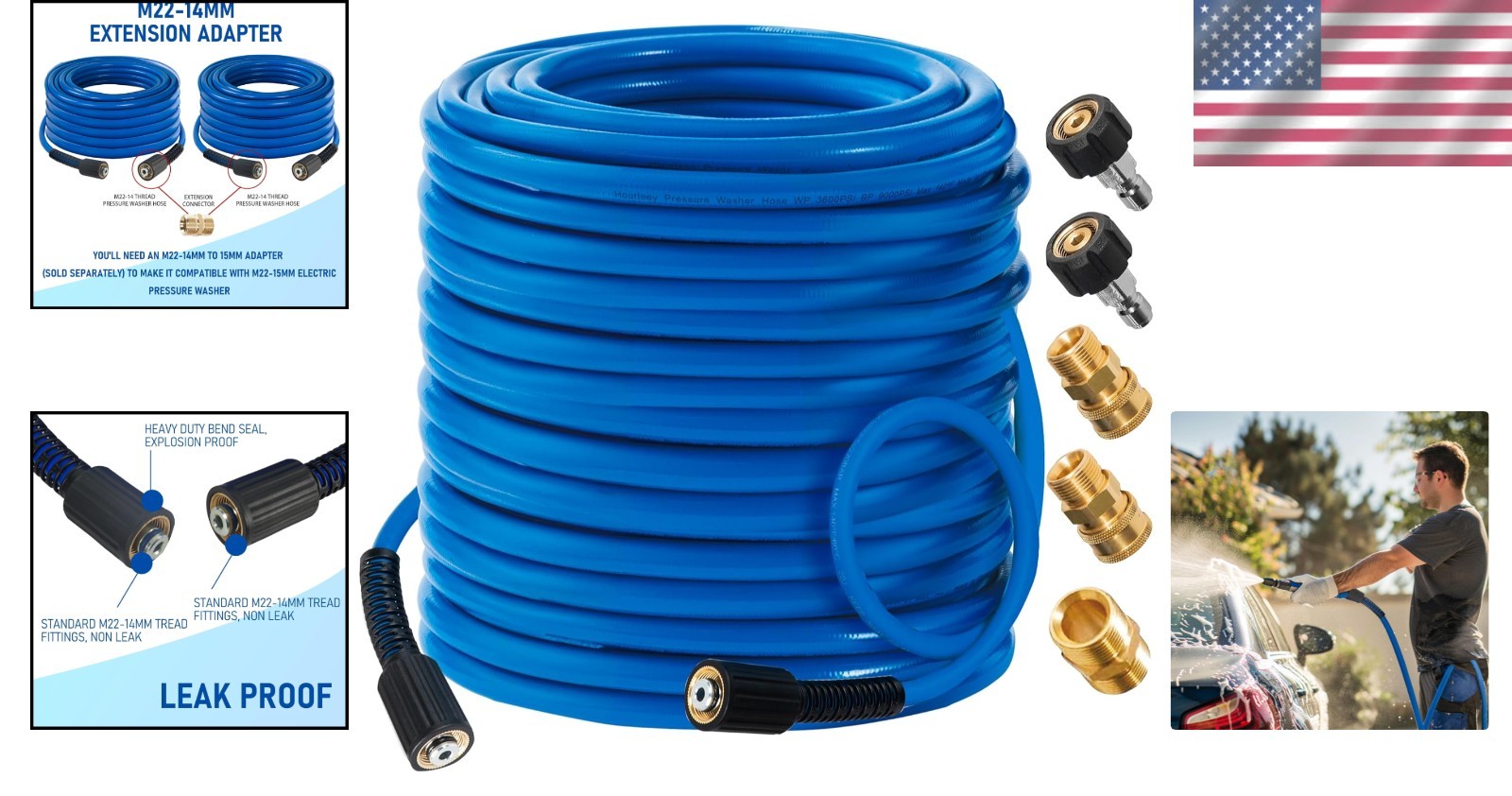 100 FT Professional Pressure Washer Hose – Kink Resistant, 5 Adapters Included