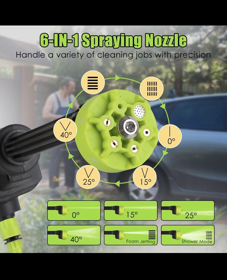 Cordless Pressure Washer Battery Powered; 990 Psi with 6-in-1 Nozzle, 23FT Hose.