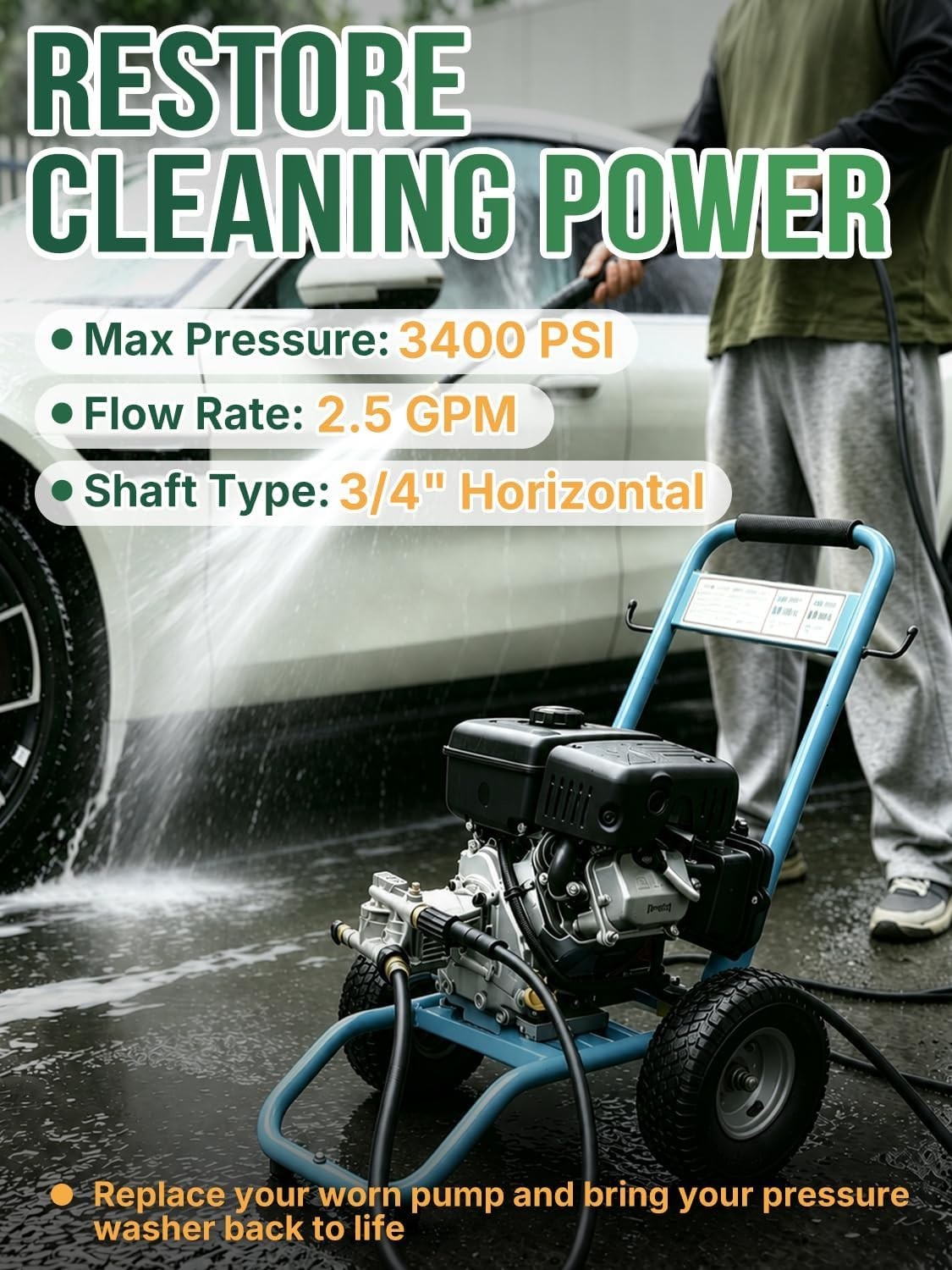 3400 psi Pressure Washer Pump 3/4″ Horizontal 2.5 GPM, fits for GC190 GC160 more
