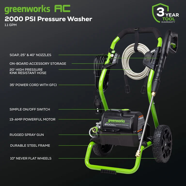 Greenworks 2000 PSI 1.2 GPM Cold Water Electric Pressure Washer (Green Frame)