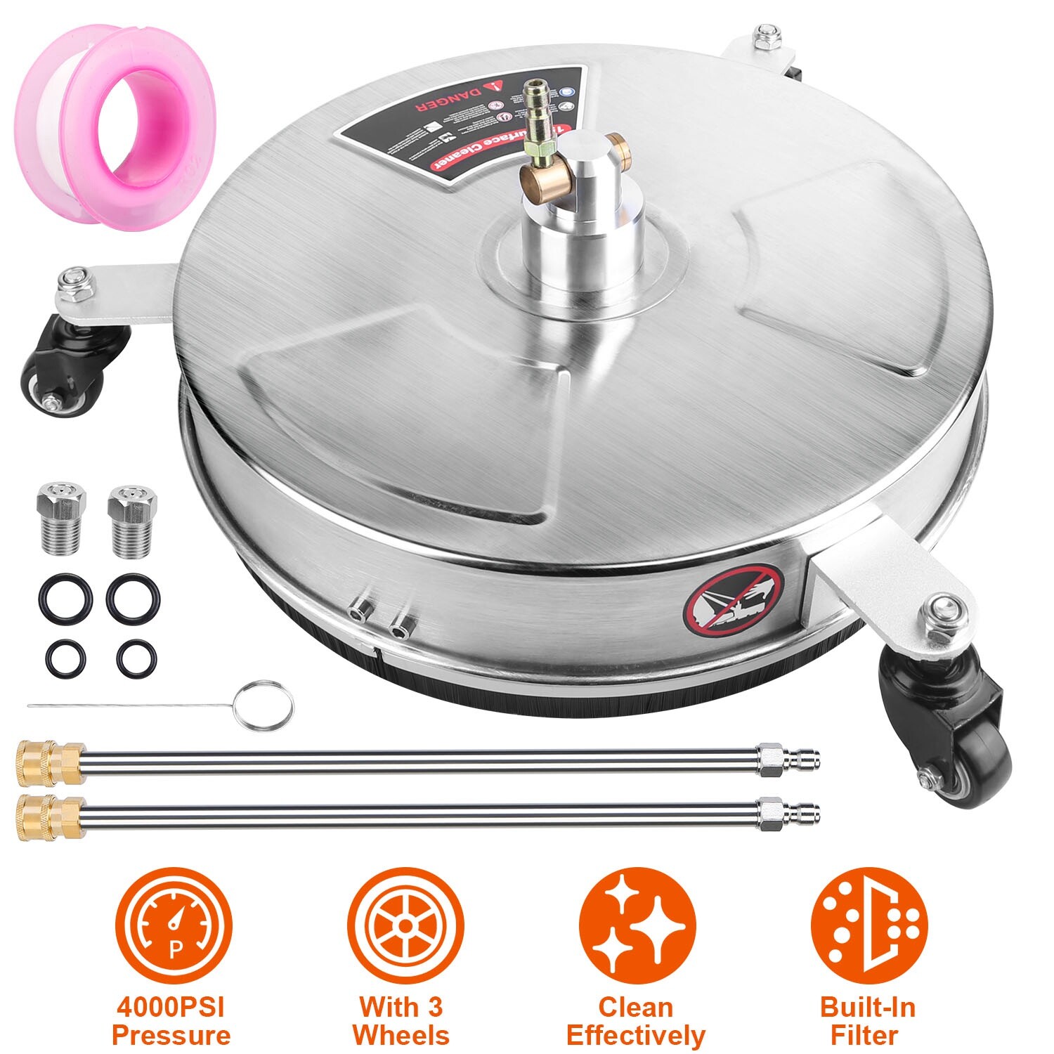 15″ Surface Cleaner 4000PSI Stainless Steel Pressure Washer W/ 3 Wheels& 2 Wands
