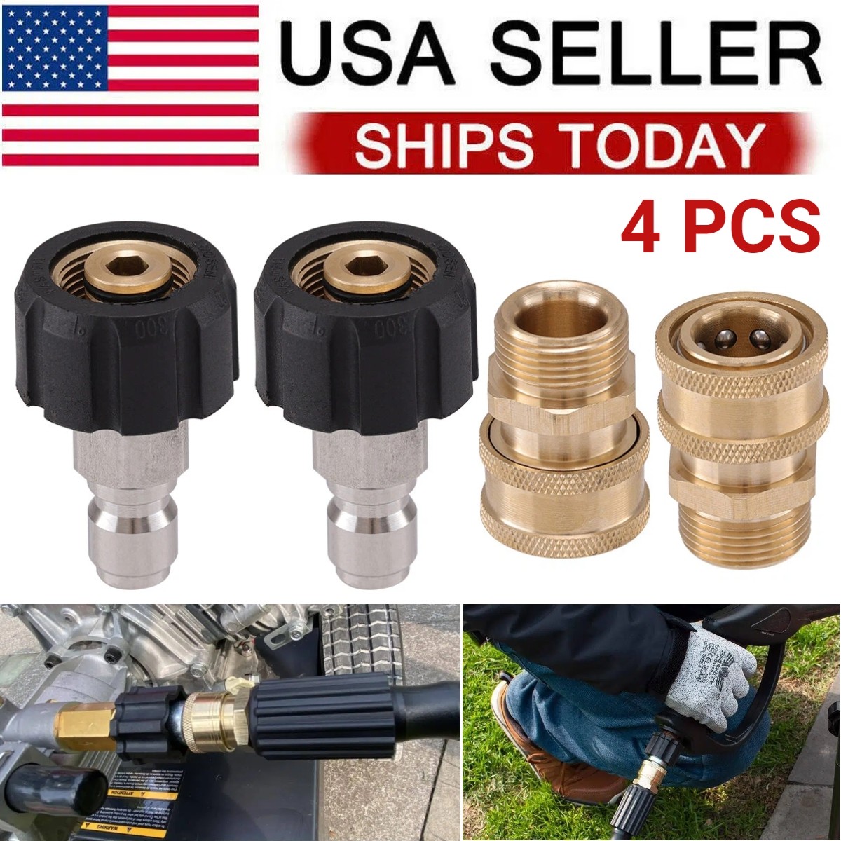 4PCS Pressure Washer Adapter Set Quick Disconnect M22 Swivel to 3/8” Connect