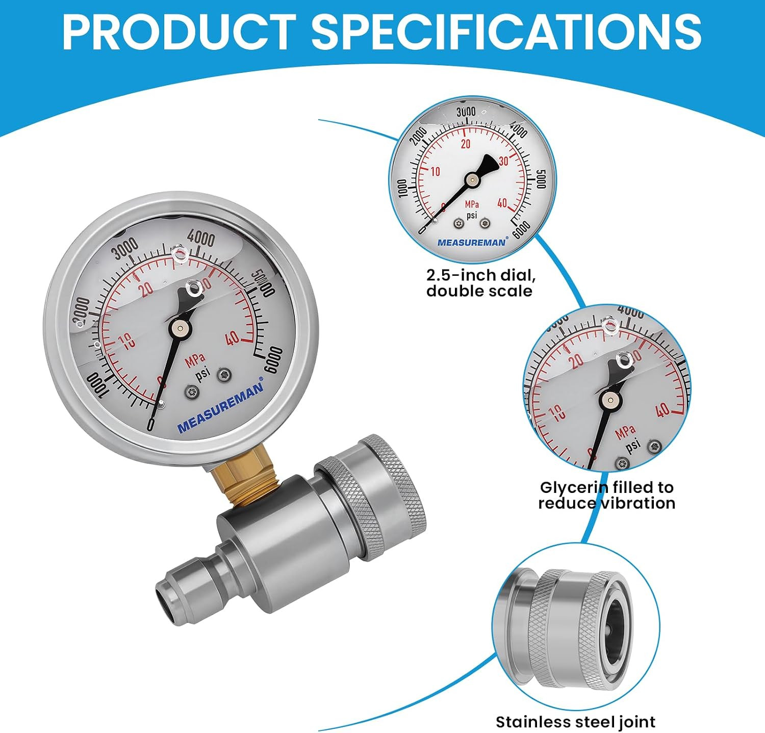 Pressure Washer Gauge Kit, 2-1/2 Inch, 6000 PSI, 3/8 Inch Stainless Steel Quick