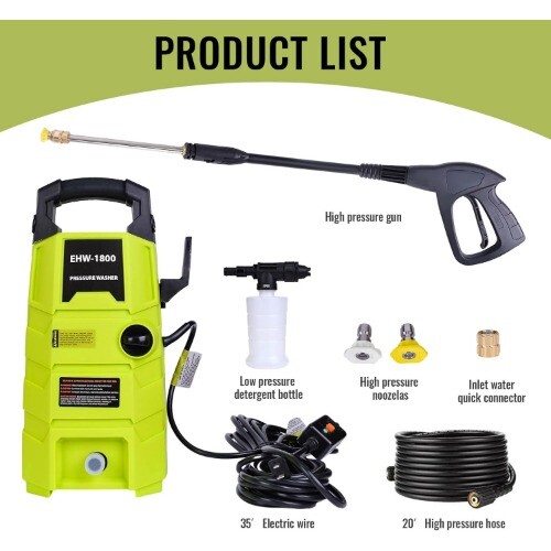 Electric Pressure Washer 1800PSI 1.6GPM Portable Power Washer with 20FT Hose
