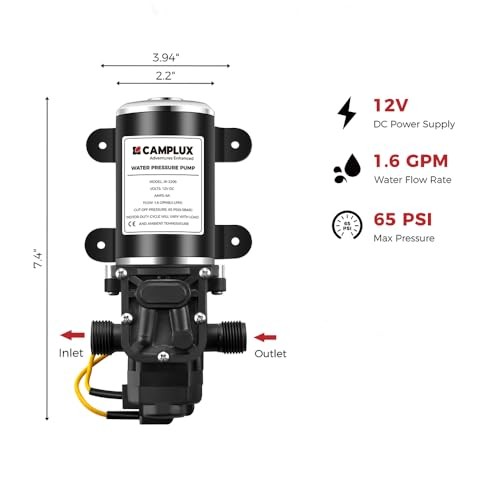 CAMPLUX 12V 1.6 GPM 65 PSI High Pressure Pump for Caravan RV Water Pump Kit