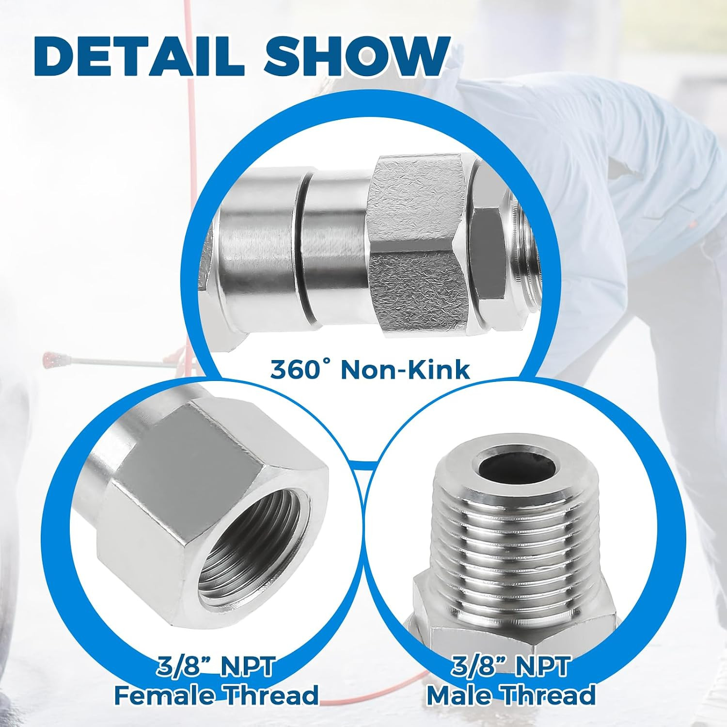 2 Pack 3/8″ NPT Pressure Washer Swivel Fittings, Stainless Steel 3/8″ Male to Fe