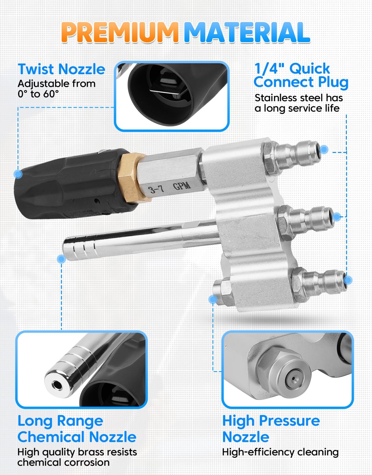 3 in 1 Adjustable Downstream Soft Wash Nozzle M5 Tip Twist 1/4″ QC for 3-7 GPM