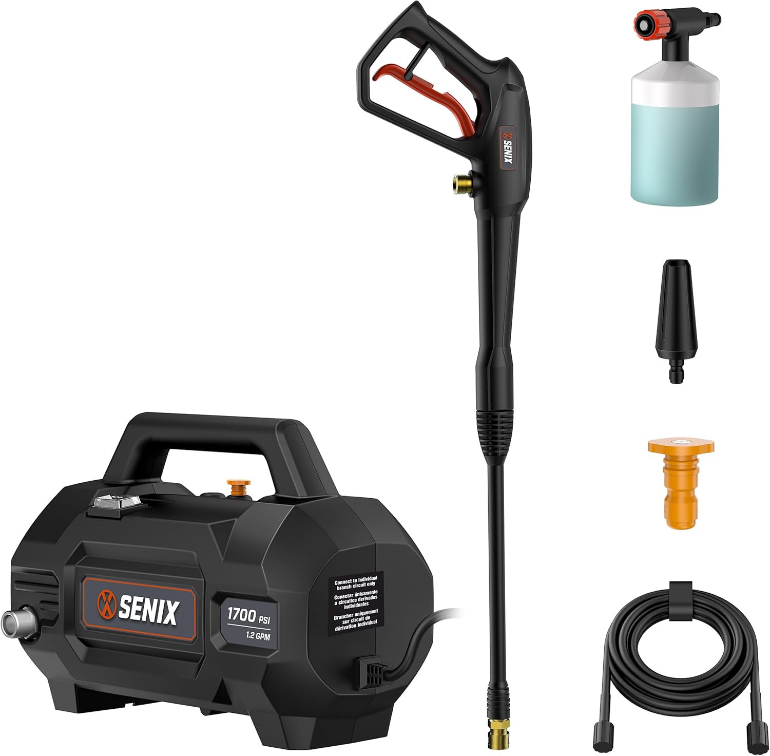 SENIX 13 Amp Electric Pressure Washer – 1700 PSI, 1.2 GPM, Compact with Foam Can