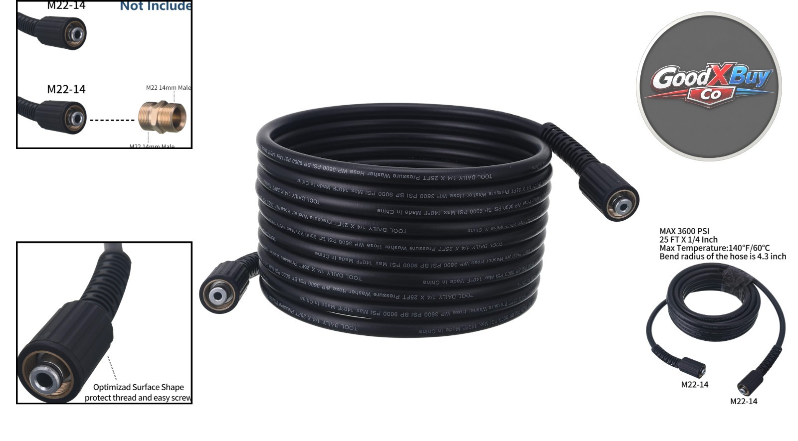 25ft Pressure Washer Hose 3600 PSI M22 14mm Replacement for Most Brands