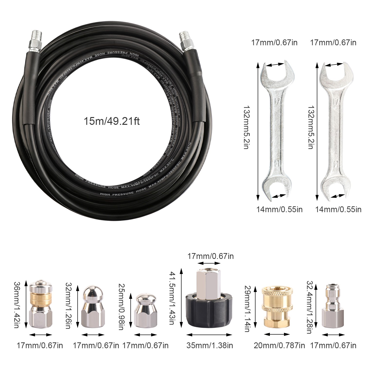 50FT 5800PSI Sewer Jetter Nozzles Kit Drain Cleaning Hose for Pressure Washer US
