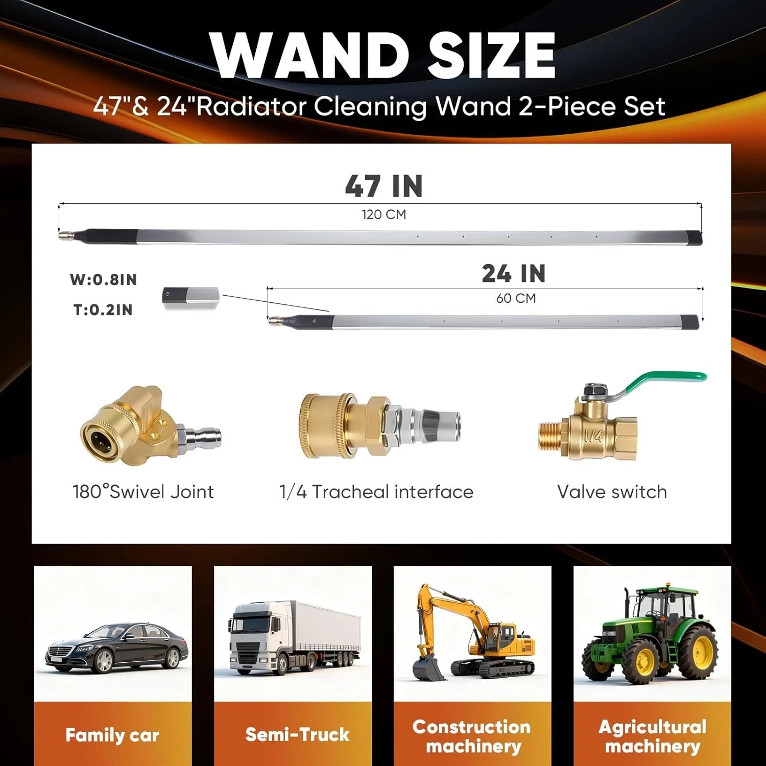 Radiator Cleaning Wand Set, 47″ & 24″ Dual-Length Stainless Steel Wands with Qui