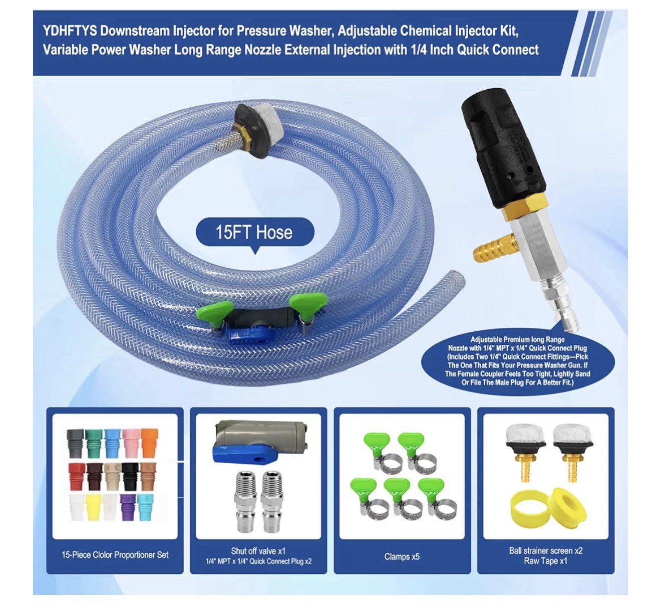 Adjustable Long Range Pressure Washer Nozzle Kit, 4-4.5 GPM, 15FT Hose, Chemical