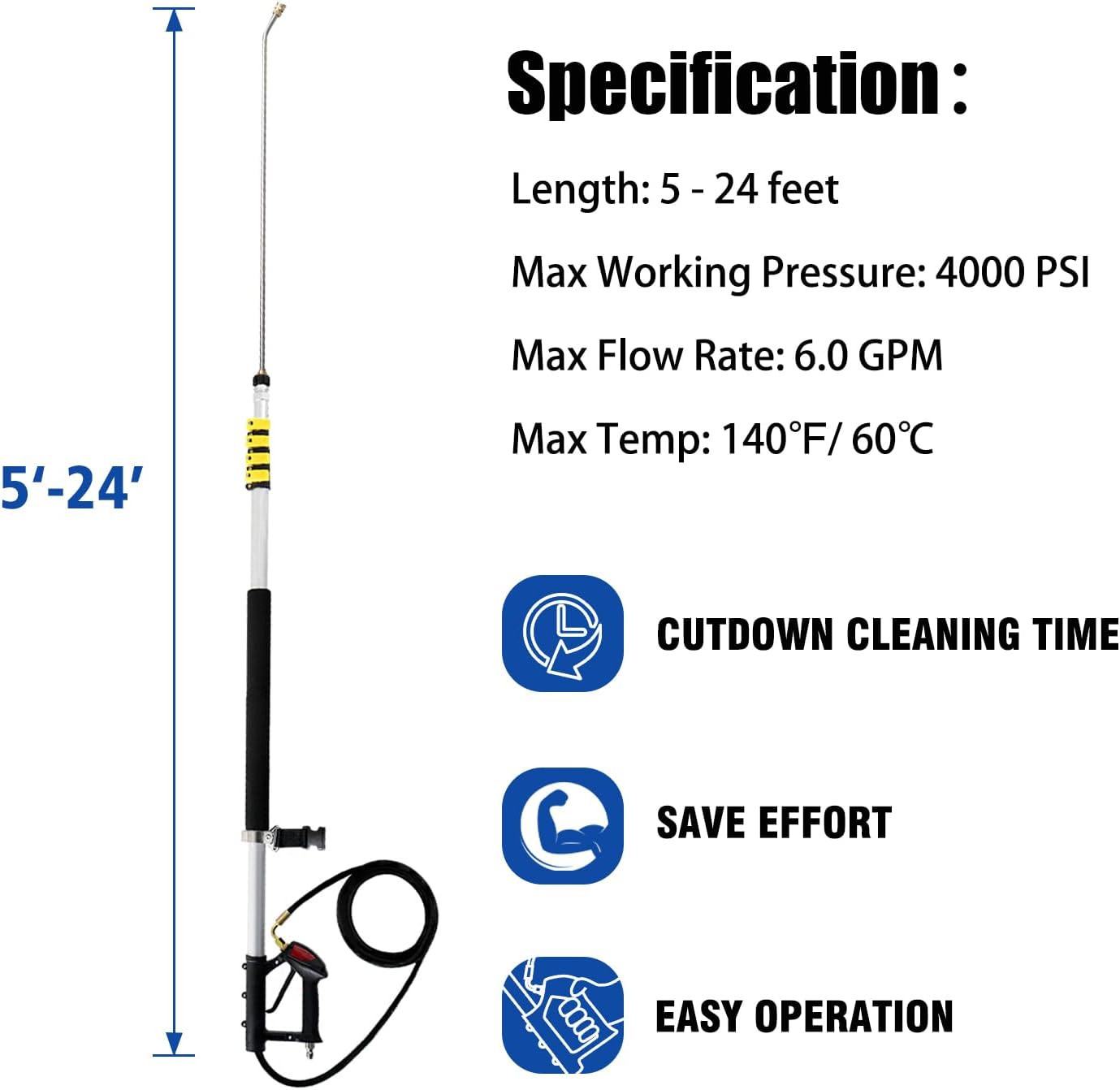 24FT Telescoping Pressure Washer Extension Wand with Brush Head,Power Washer Ext