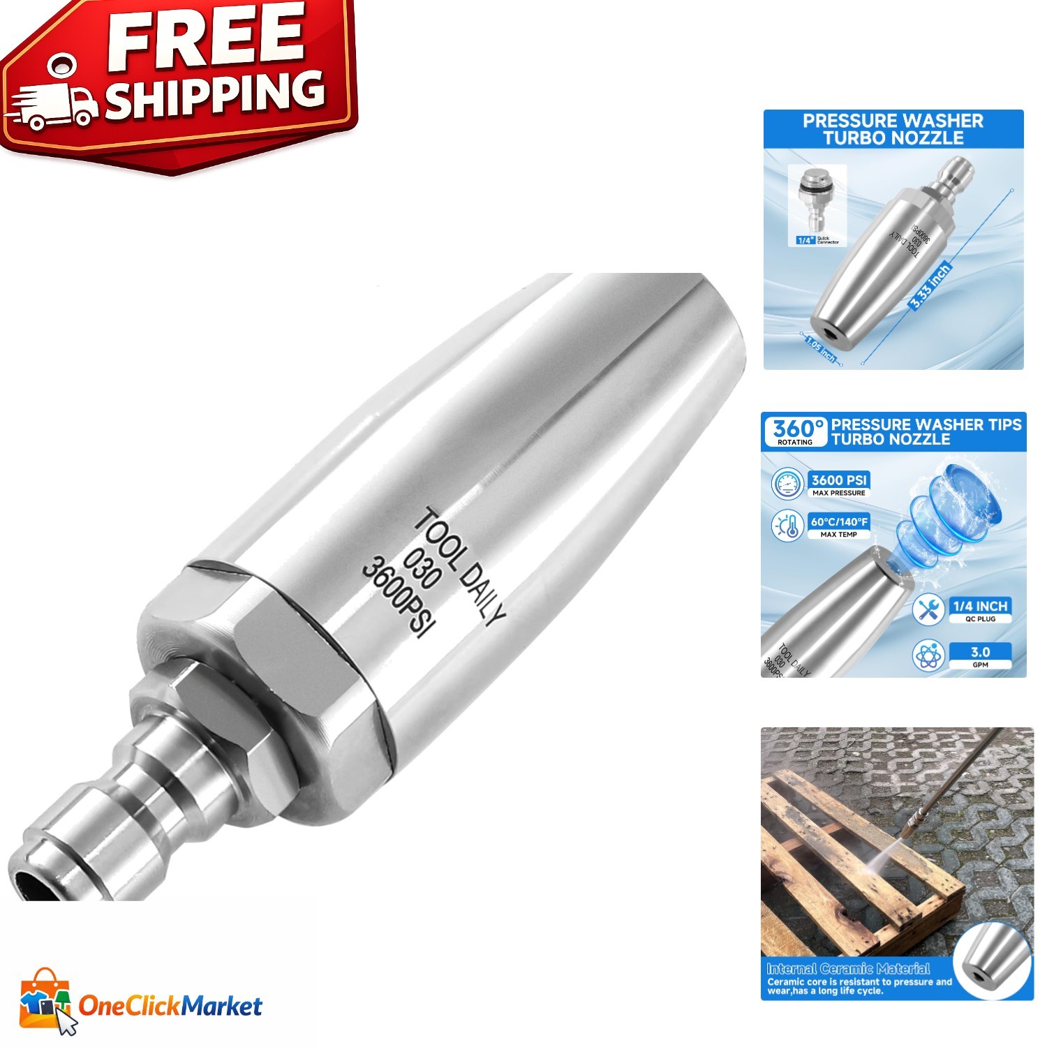 Durable Turbo Nozzle for Pressure Washers – 360° Rotating, 3.0 GPM, 1/4″ Connect