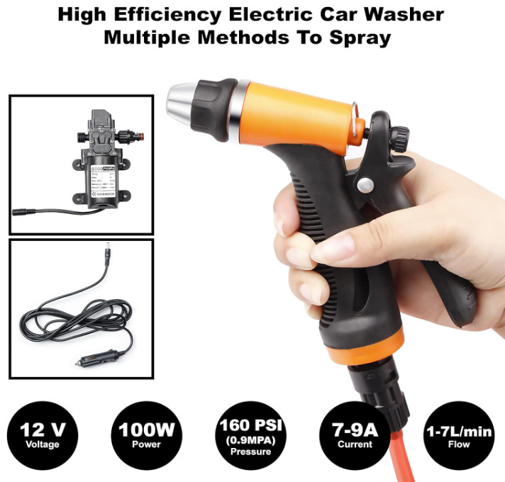 Lavadora portátil eléctrica 12V, 160 PSI, 100W, con manguera larga para uso domé
