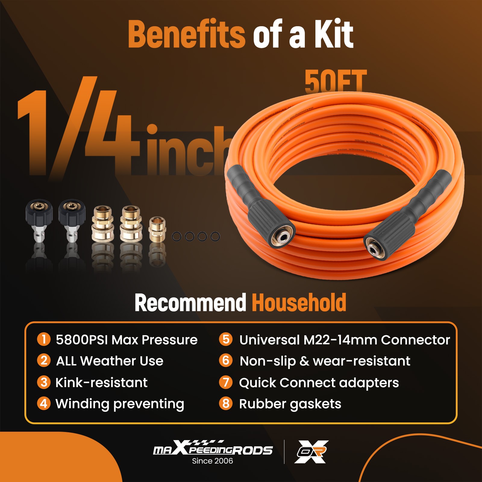 50FT High Pressure Washer Hose Extension Hose 5800PSI w/ M22-14mm x 3/8″ Coupler