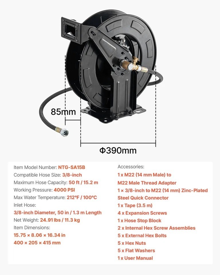 Retractable Pressure Washer Hose Reel 3/8″ x 50 ft 4000PSI Auto-Rewinding