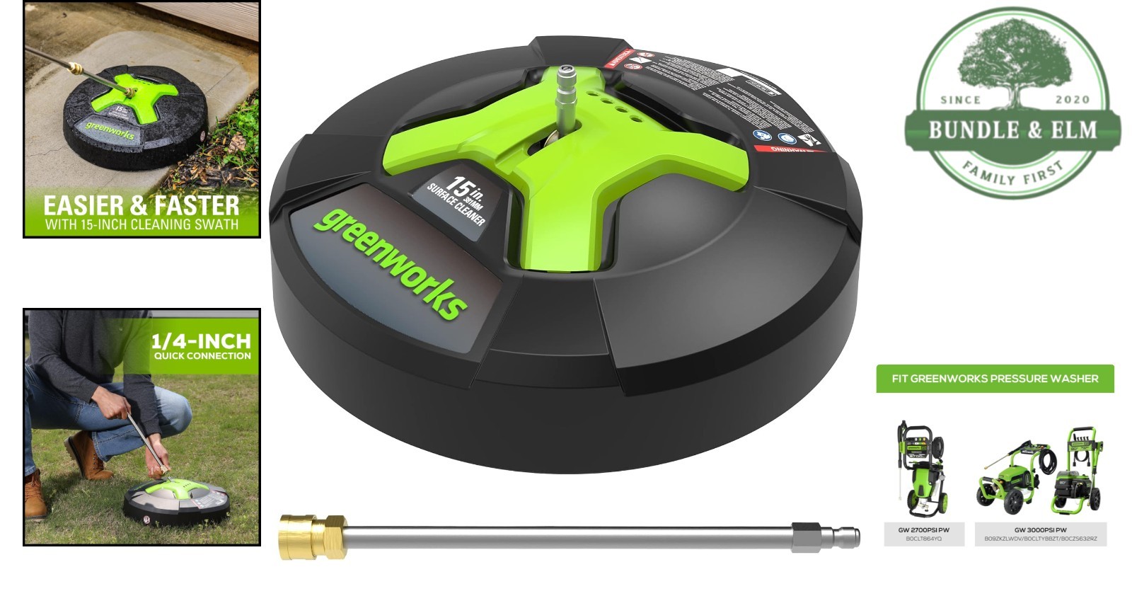 Versatile 15″ Surface Cleaner – Quick Connect for Pressure Washers, Green Color